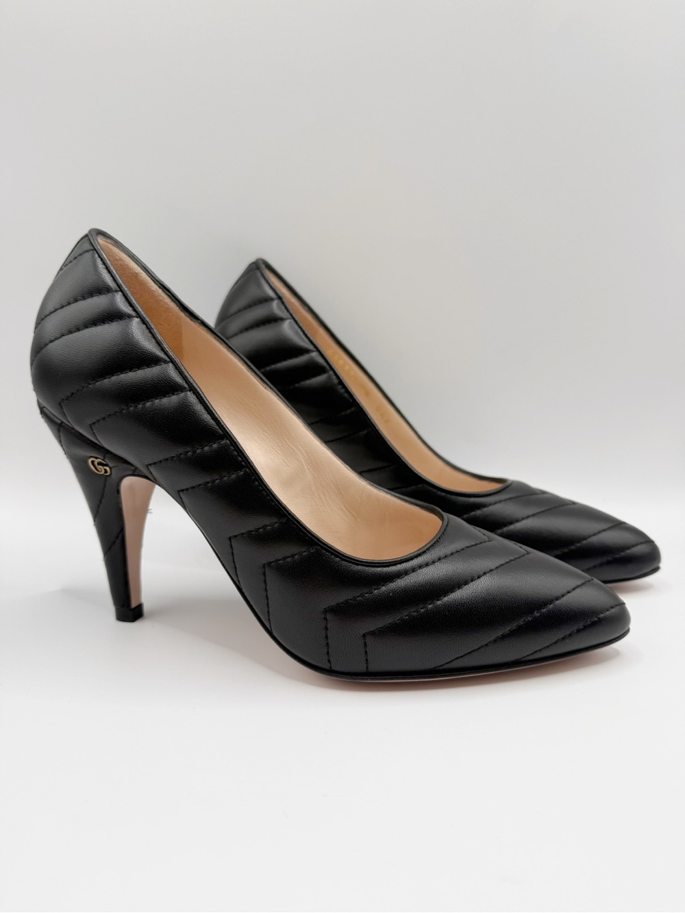 GUCCI Black Leather Matelassé Charlotte Heels GG Marmont Chevron Quilted Pumps